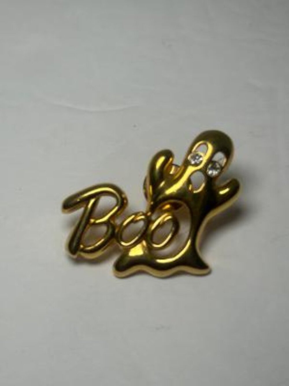 Halloween Gold Tone Figural Ghost Boo Pin Brooch Rhinestone Eyes Avon Vintage